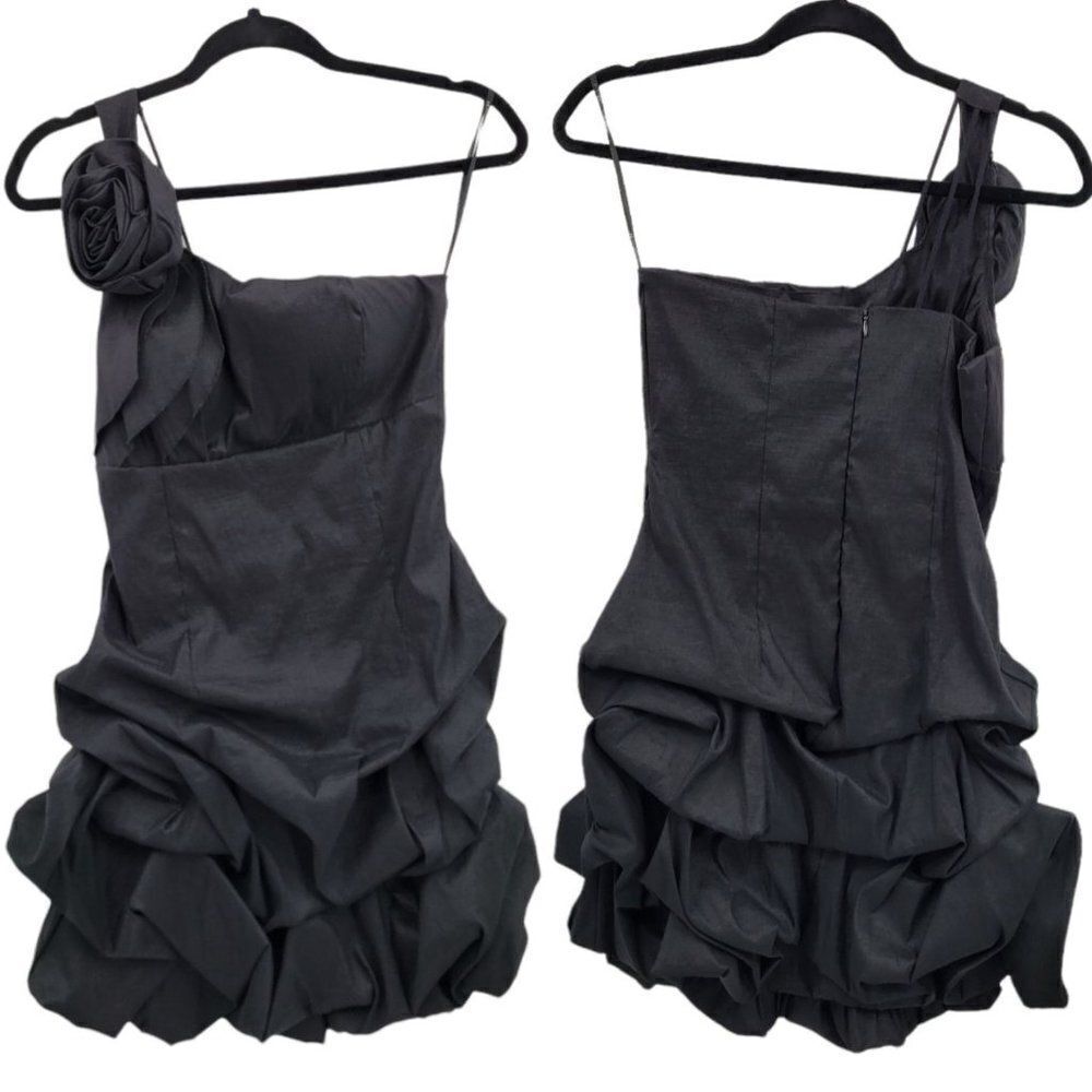 Forever 21 Dress Cocktail Avant-garde One‎ Shoulder Ruffle 3D Rosette Black Sz M